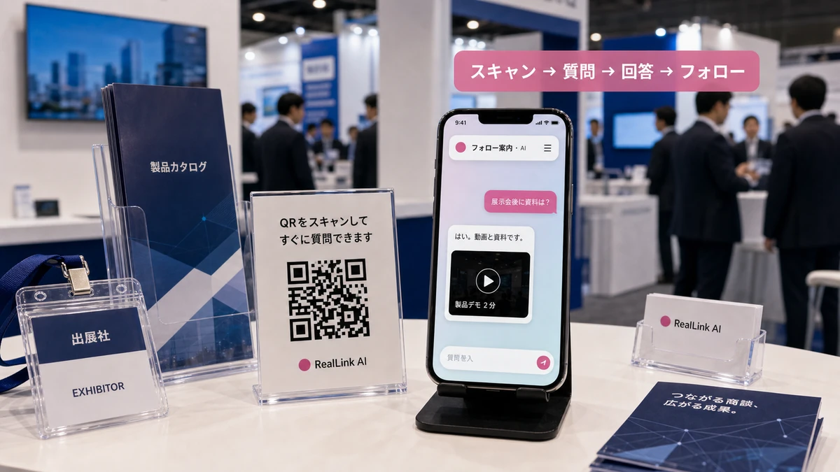 スキャンから質問、回答、フォローにつながる展示会リードフォローの流れ
