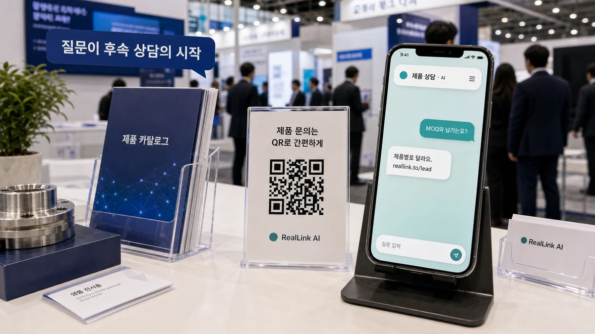한국 B2B 전시회 부스에서 MOQ와 납기 질문을 보여주는 스마트폰