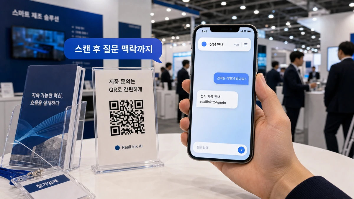 한국 전시회 부스 QR 코드와 상담 질문을 보여주는 RealLink AI 답변 페이지
