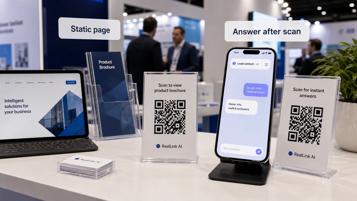 Static trade show QR page compared with a RealLink AI answer page after the scan