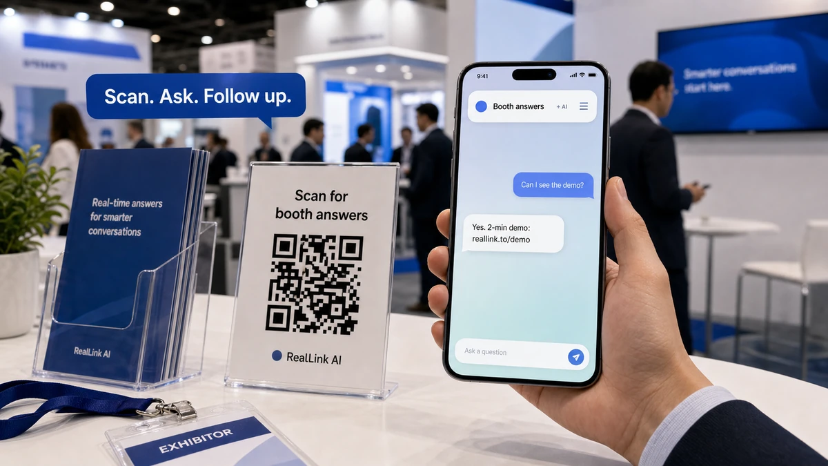 US trade show booth QR code beside a phone showing a RealLink AI answer page for demo follow-up questions