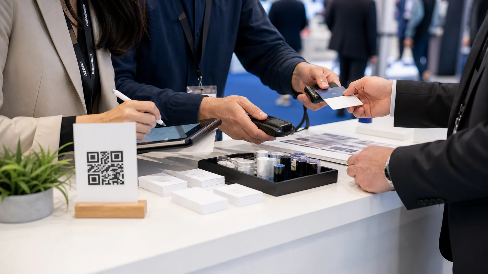 Close-up of trade show staff recording lead qualification notes with badge scan, tablet, QR sign, and product samples