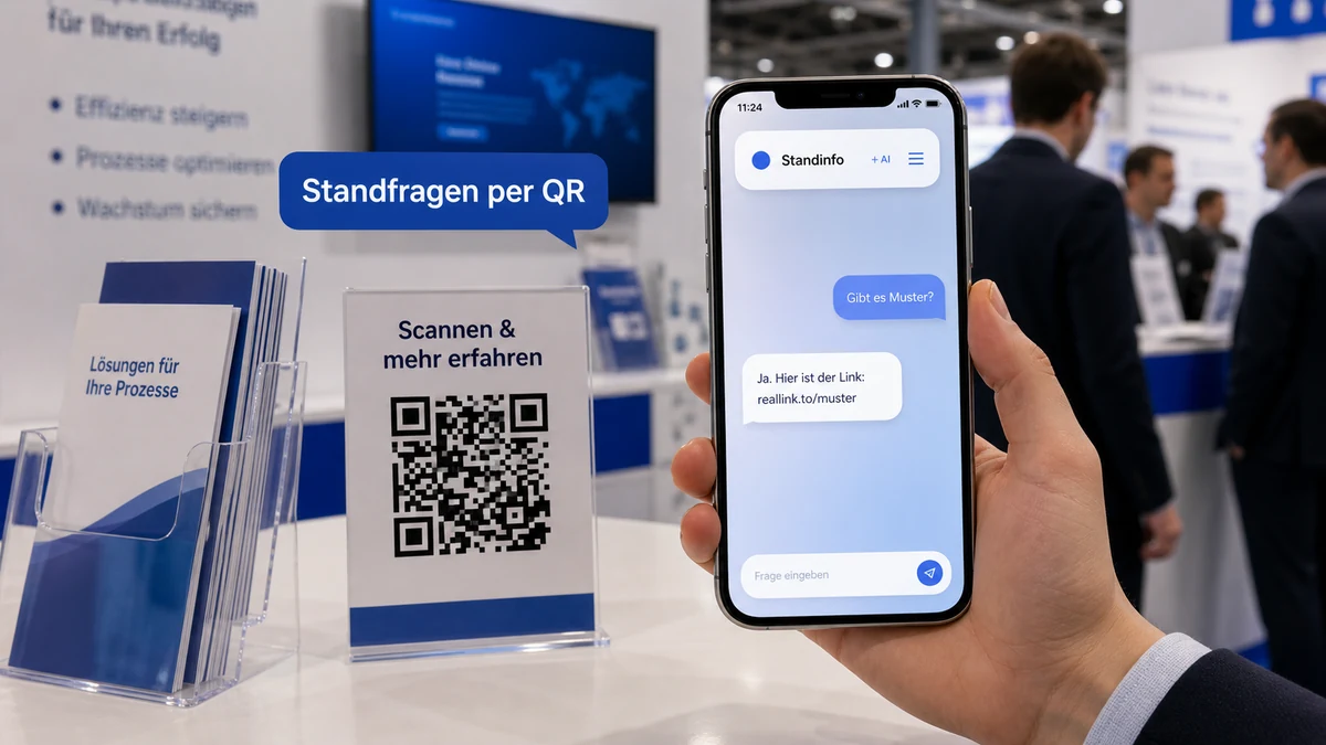 Deutscher Messestand mit QR-Code und KI-Antwortseite fuer Produktfragen