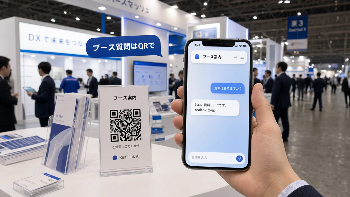日本の展示会ブースでQRコードとAI回答ページが価格の質問に答えている様子