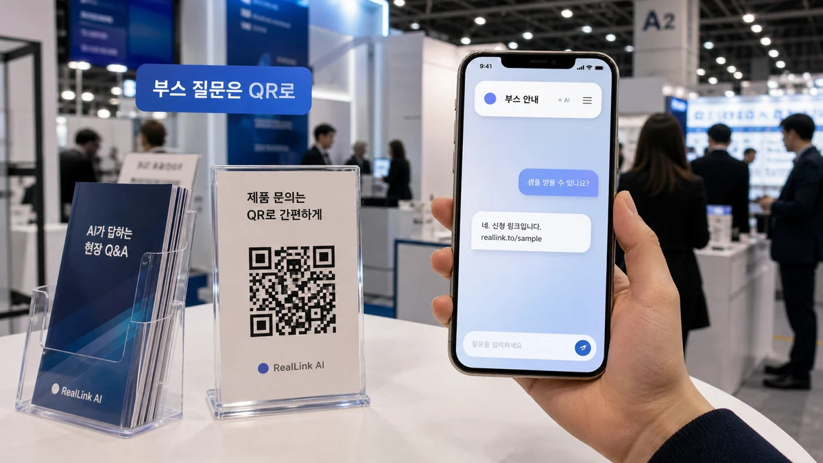 한국 전시회 부스에서 QR코드와 AI 답변 페이지가 샘플 질문에 답하는 모습