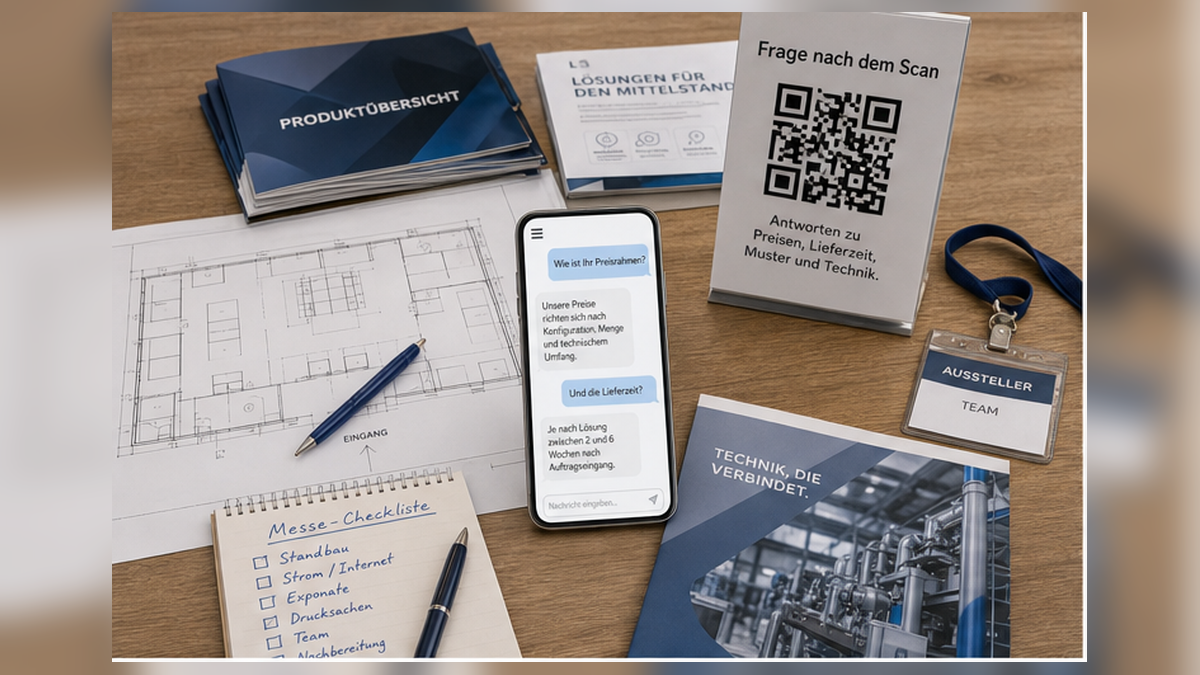 Messevorbereitung mit QR-Schild und Smartphone mit RealLink AI Antwortseite