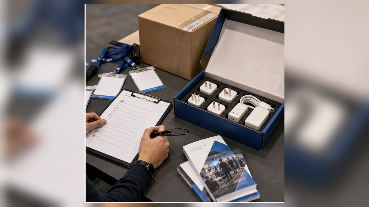 Trade show preparation checklist workspace with booth notes and visitor question map