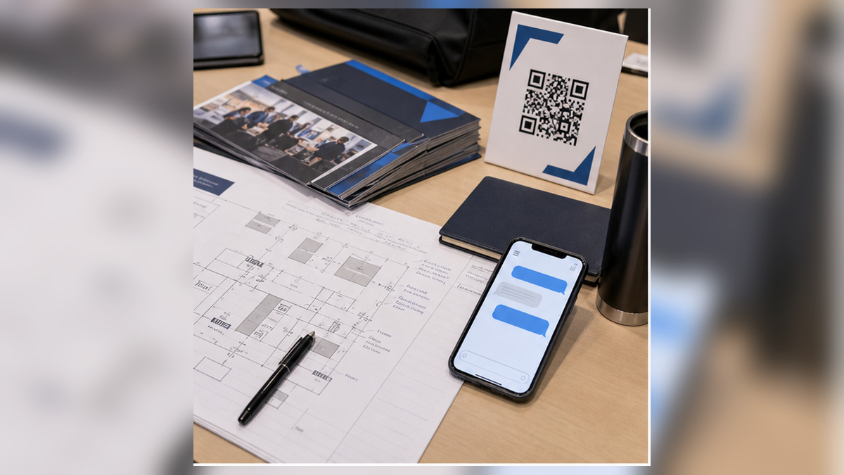 First-time trade show preparation desk with booth checklist, QR sign, and phone showing a RealLink AI answer page
