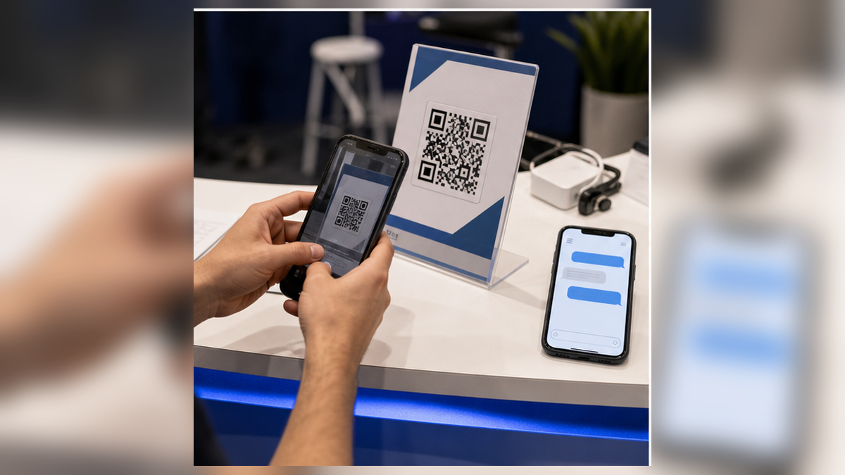 Booth QR code test with a public answer page on a phone