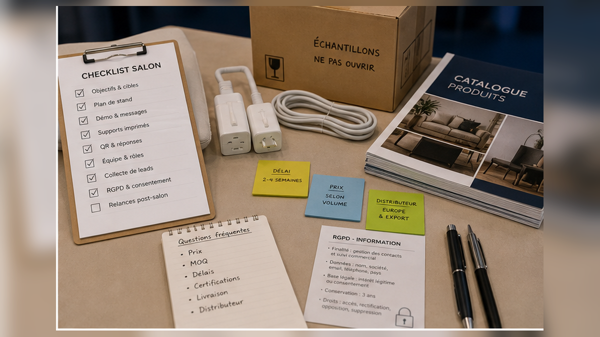 Checklist risques exposant avec questions visiteurs et notes de stand