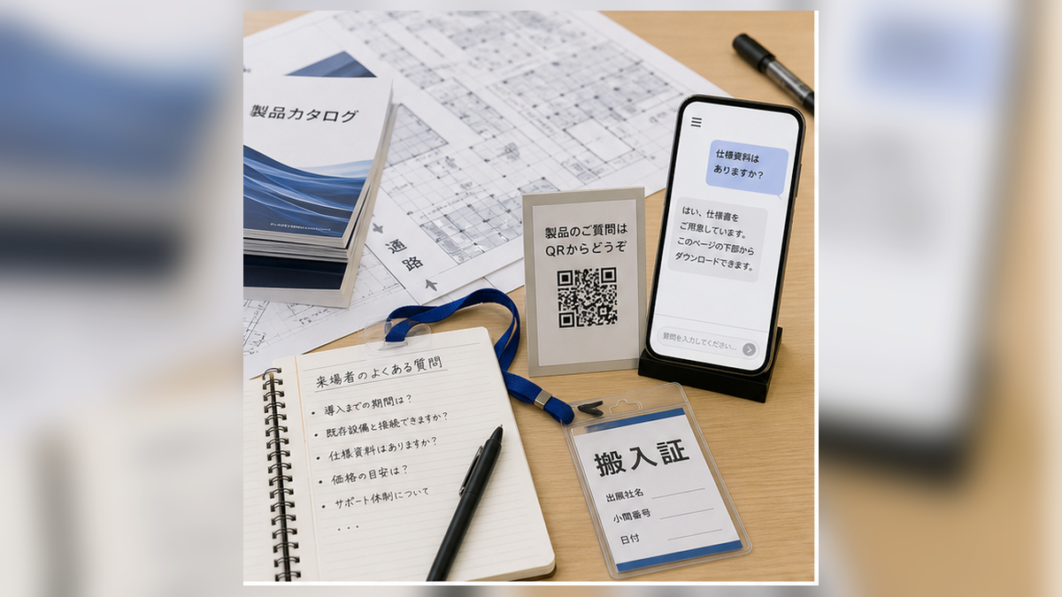 展示会準備チェックリストとQR案内、RealLink AI回答ページを表示するスマートフォン