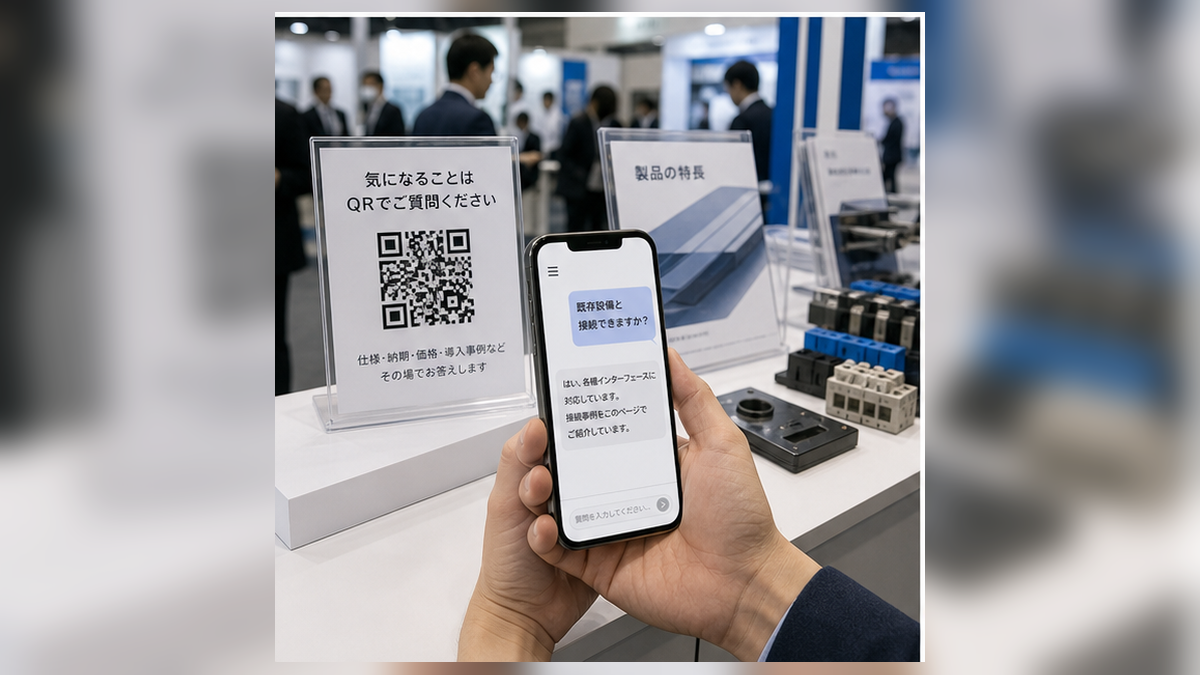 展示会ブースのQRコードをテストし公開回答ページを確認する場面