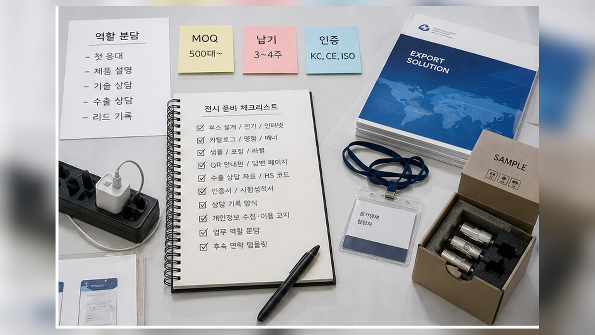 전시회 직원 역할과 MOQ, 납기, 인증 메모가 있는 준비 테이블