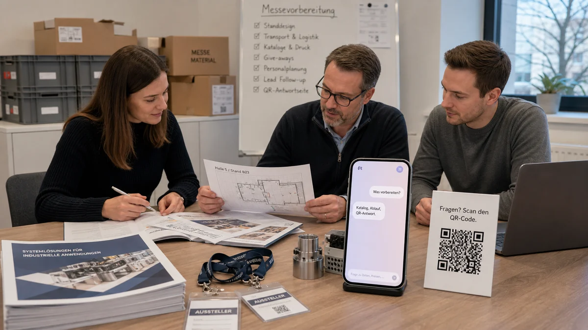 Deutsches Unternehmen bereitet eine Messe mit Standplan, Katalogen, QR-Schild und AI Answer Page vor