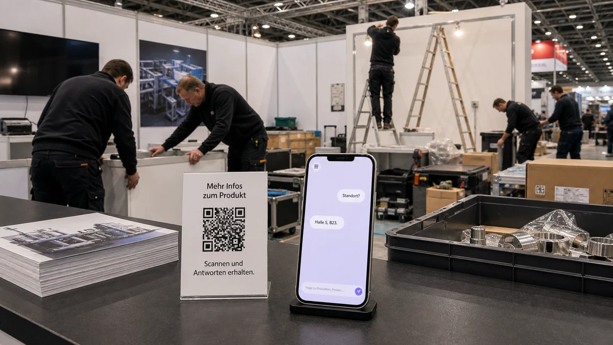 Messeteam sortiert Käuferfragen vor der Messe