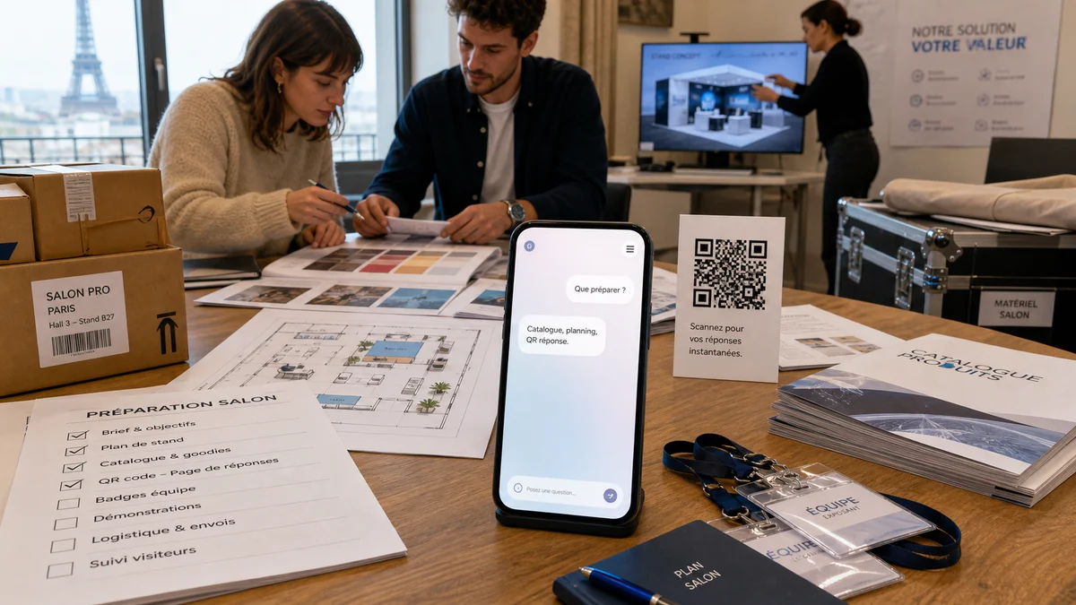 Préparation de stratégie salon professionnel avec plan de stand, QR code et page de réponse RealLink AI