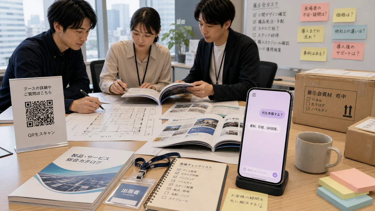 日本企業が展示会準備としてブース図面、カタログ、QR案内、AI回答ページを確認している場面
