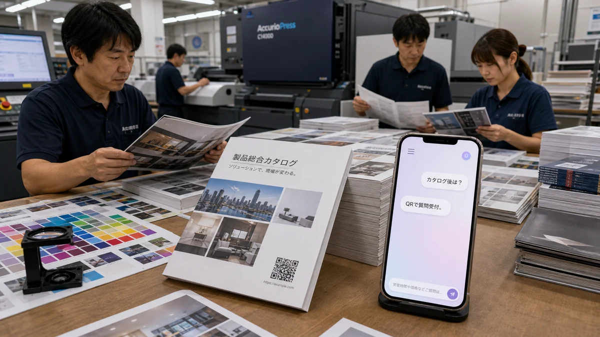 日本の印刷所で展示会カタログとQRコード入り印刷物を確認する場面