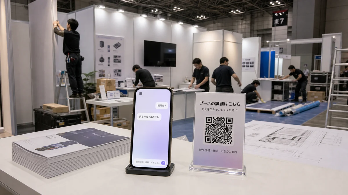 展示会チームが来場者質問を整理する場面