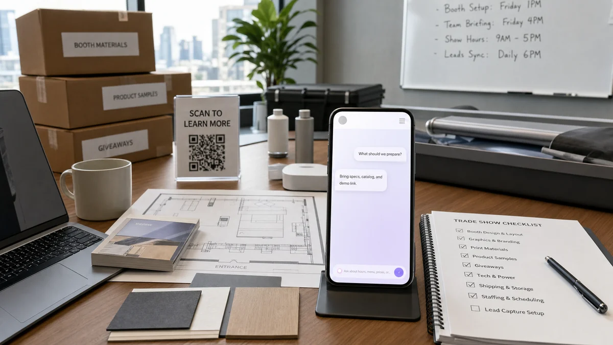 Trade show strategy planning desk with booth plan, QR sign, and phone showing a RealLink AI answer page
