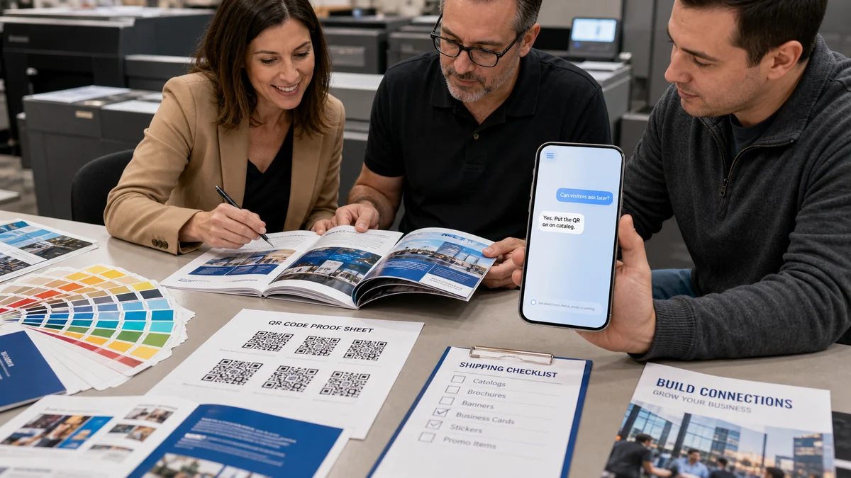 Printed booth materials and QR answer page plan for follow-up