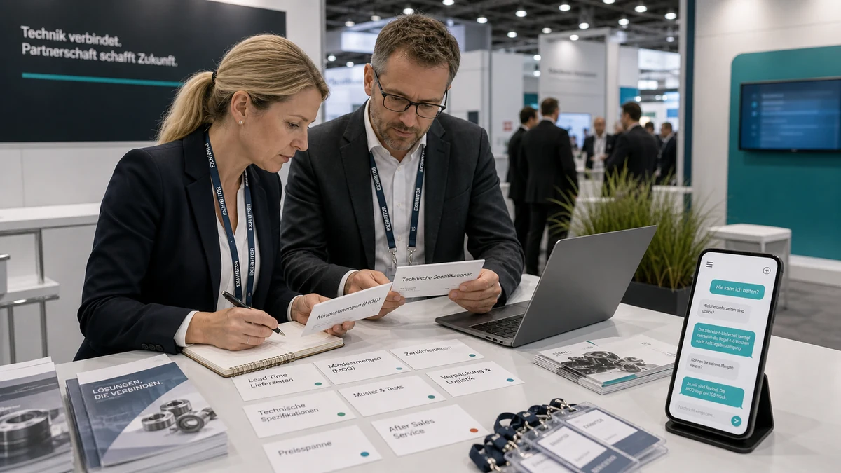 Messestand-Strategie mit Käuferfragen und neutraler QR-Antwortseite