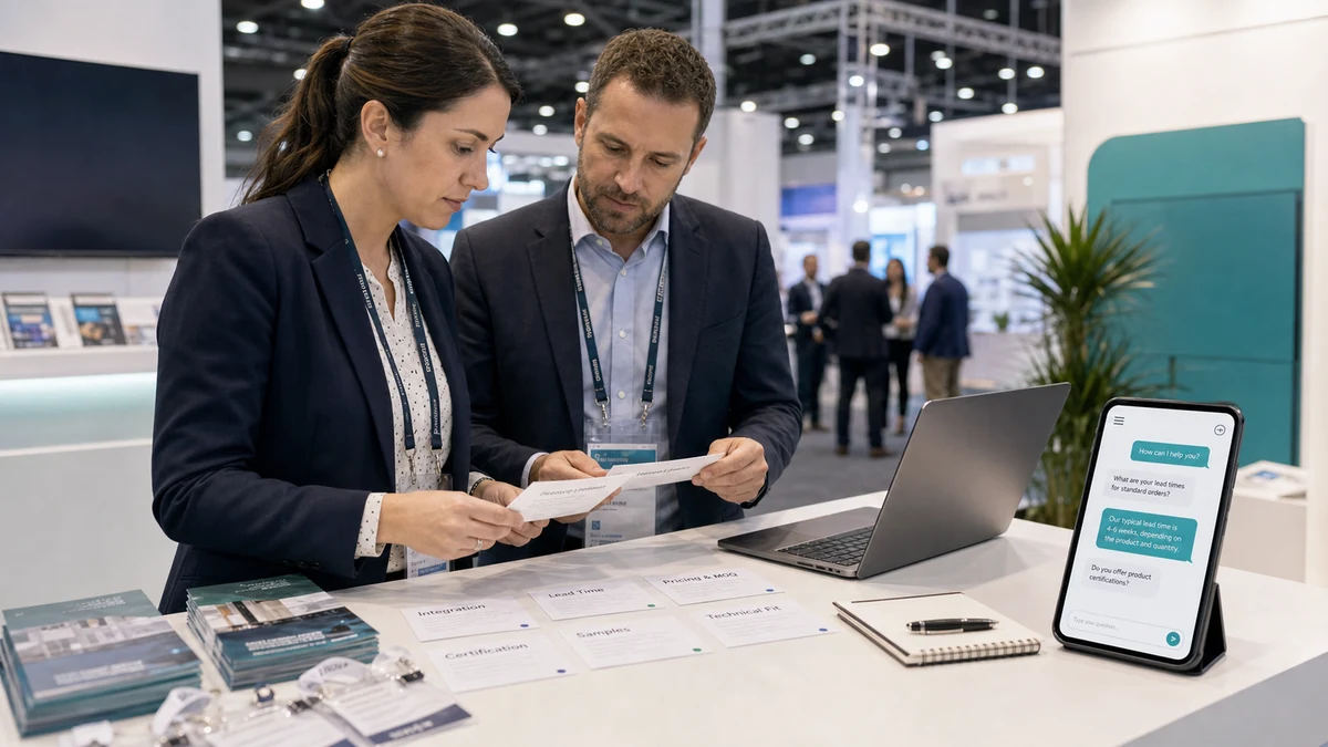 Trade show team sorting buyer questions with a QR answer page at a booth counter