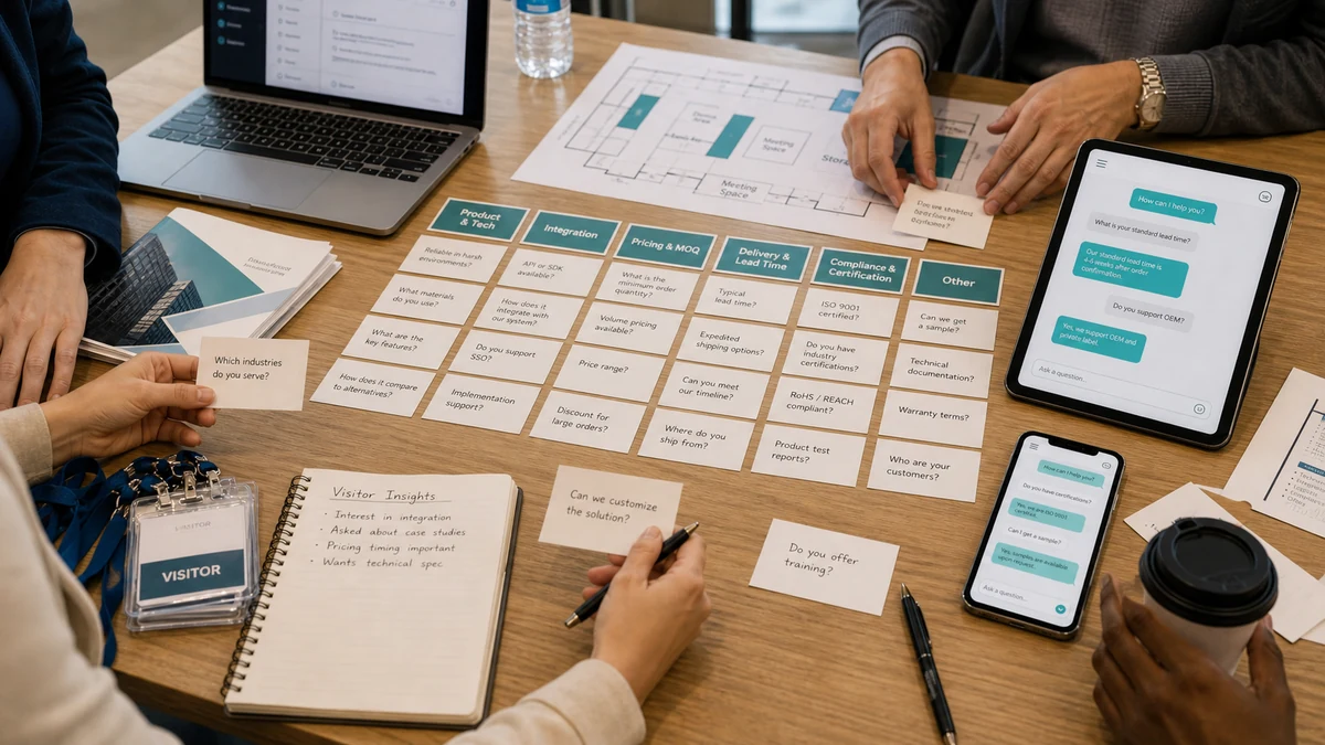 Buyer question map with cards, QR path, and answer page in a realistic preparation workspace