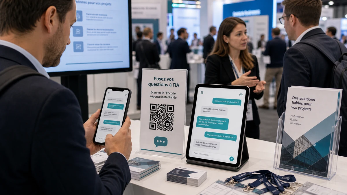 Comptoir de stand avec page de réponse QR et parcours question visiteur