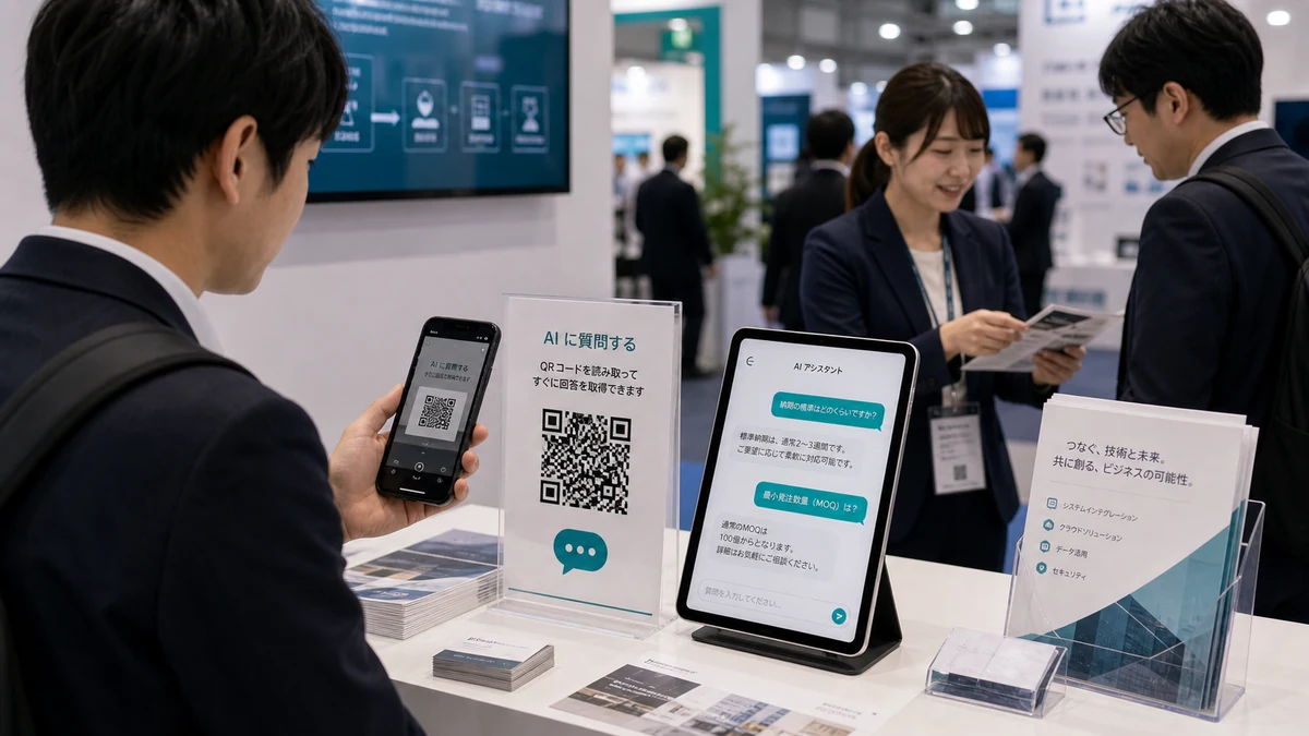 ブースカウンターのQR回答ページと来場者の質問導線のイメージ