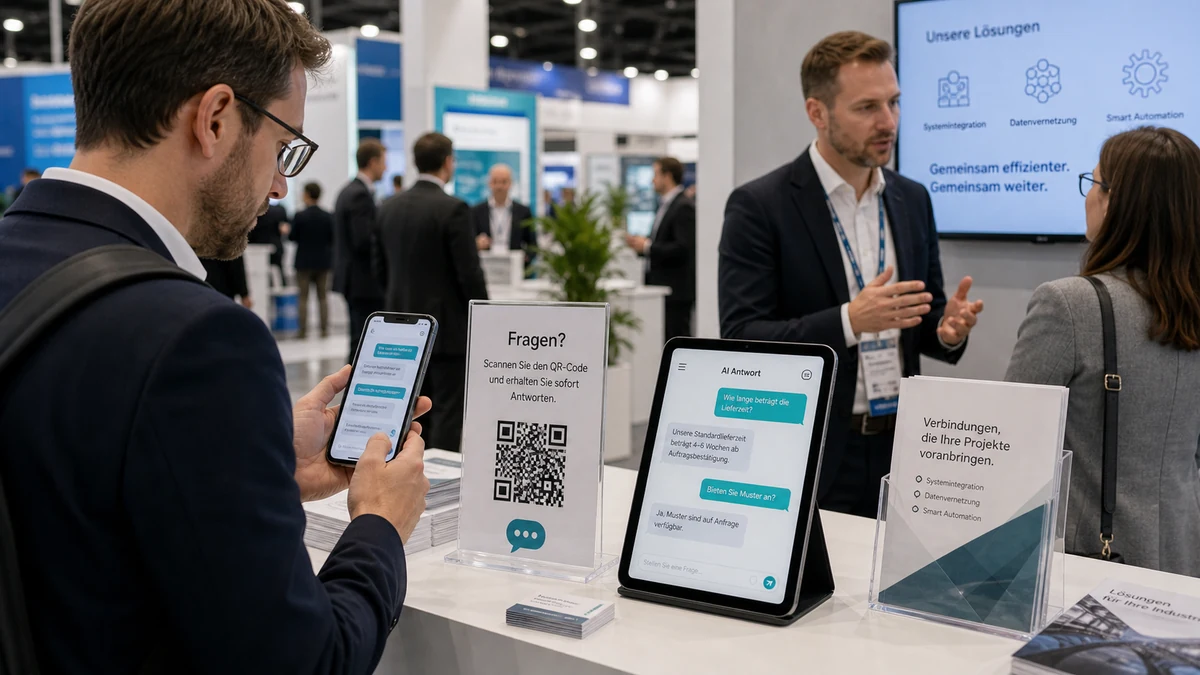QR-Tresen mit öffentlicher AI-Antwortseite am Messestand