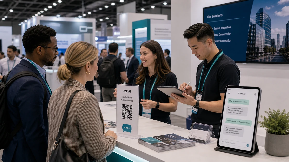 Trade show visitor groups moving through booth flow with QR answer page