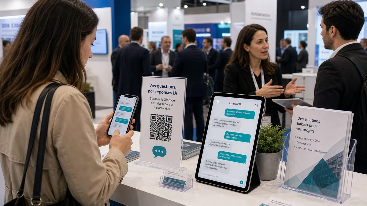 Comptoir QR avec page de réponse AI publique sur un stand
