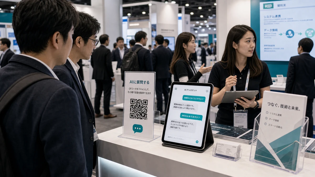 来場者4グループとQR回答ページを示す展示会ブース導線イメージ