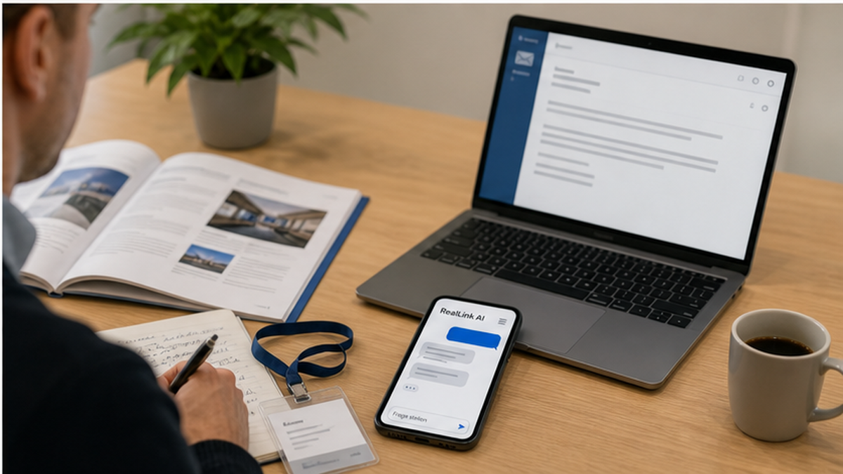 Nachbereitungsarbeitsplatz mit Besucherfragen und E-Mail-Entwurf