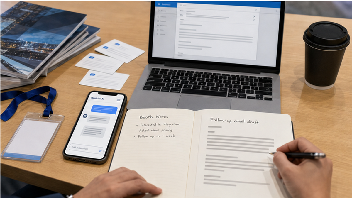 Post-show follow-up workspace with visitor question context and email draft