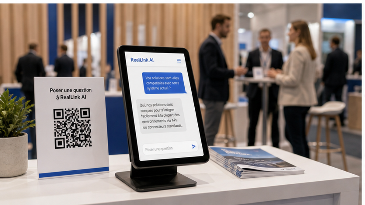 Kiosque IA self-service sur un stand de salon avec QR code