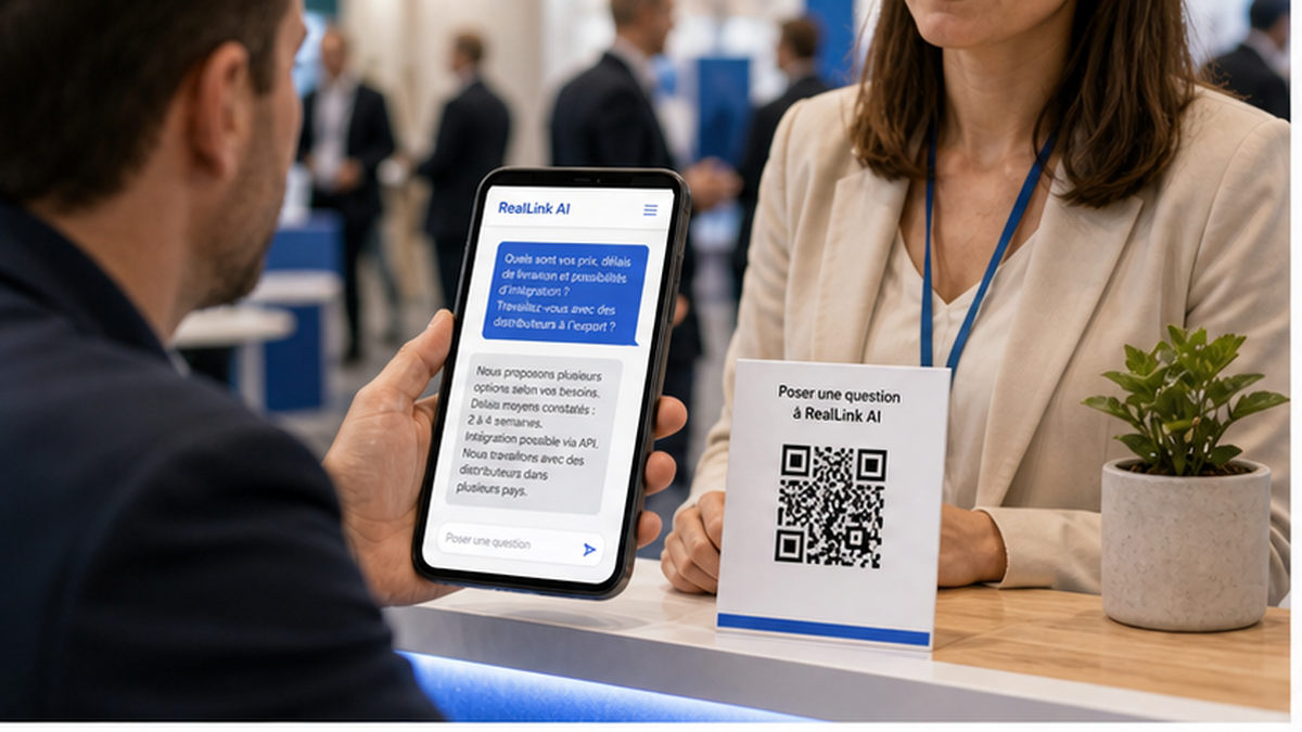 Stand de salon professionnel avec QR code et smartphone montrant une page de réponse RealLink AI