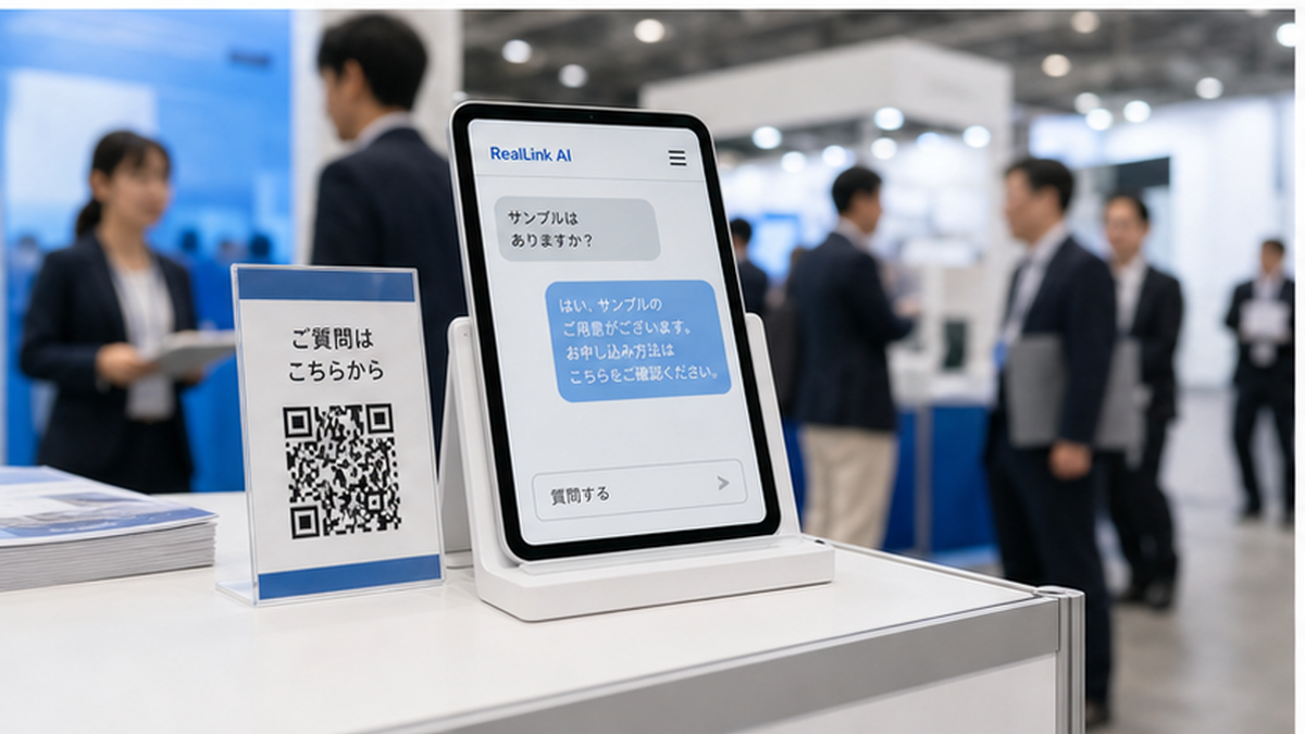 展示会ブースのセルフサービスAIキオスクとQRサイン