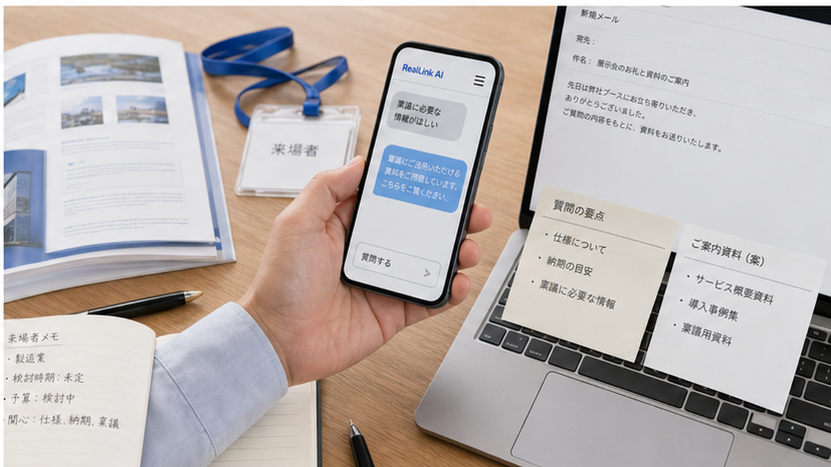 展示会後の来場者質問文脈をもとにフォローを準備する画面