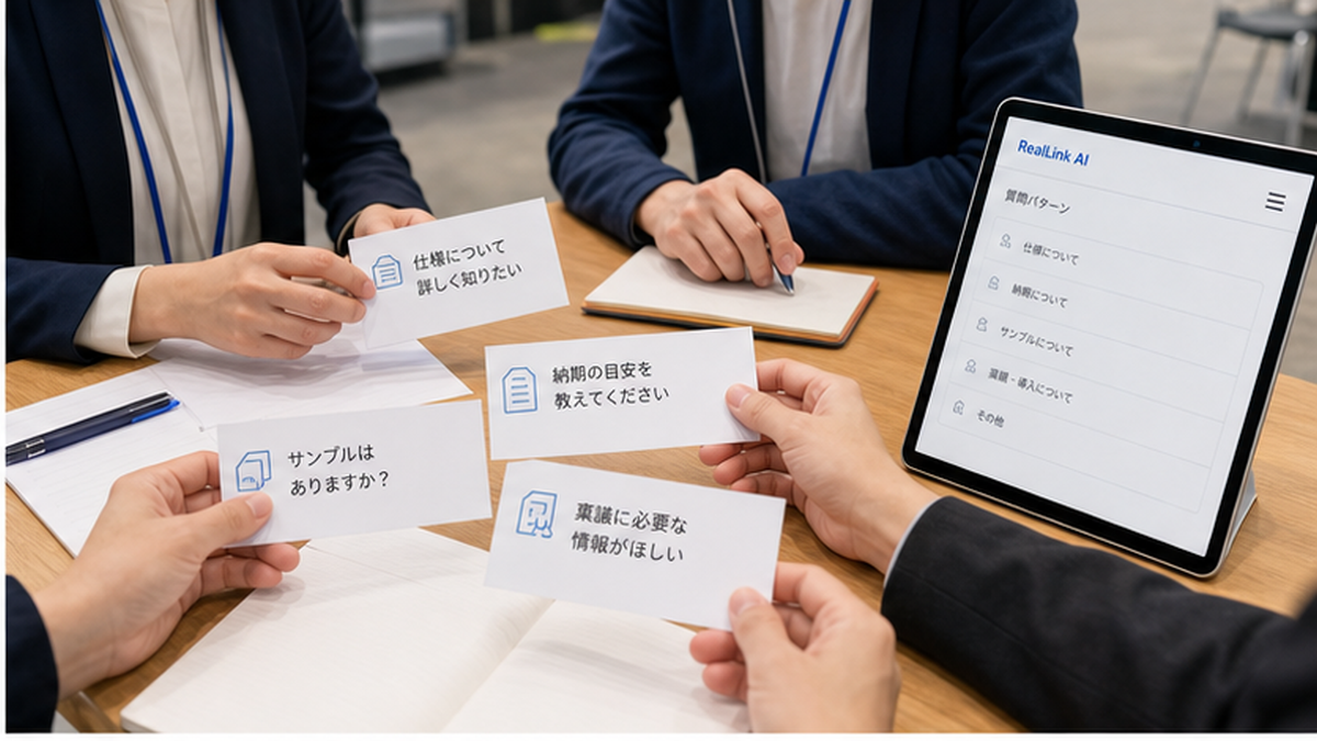 展示会チームが来場者の質問カードと質問パターンを確認する様子