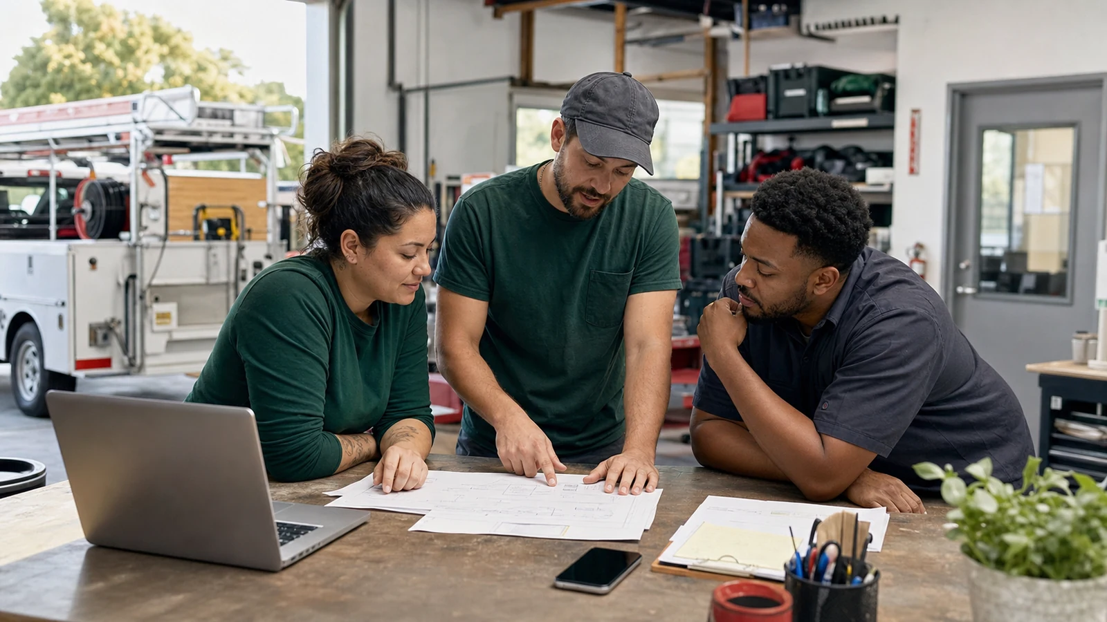 American home service business team reviews recurring customer questions in a working service shop.