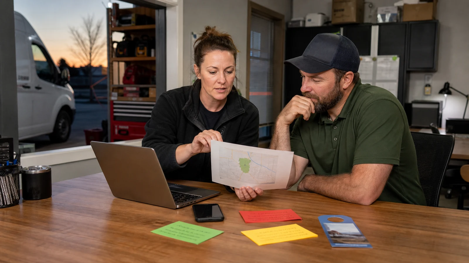 American contractor team reviews service-area information and repeated customer questions after the workday.