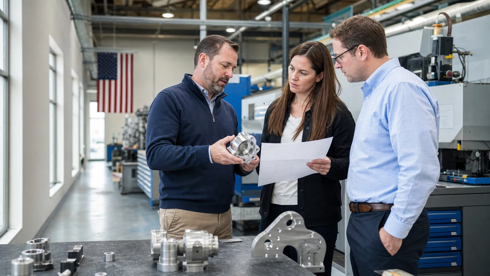 American manufacturing sales and engineering staff reviewing a machined component with a U.S. procurement buyer