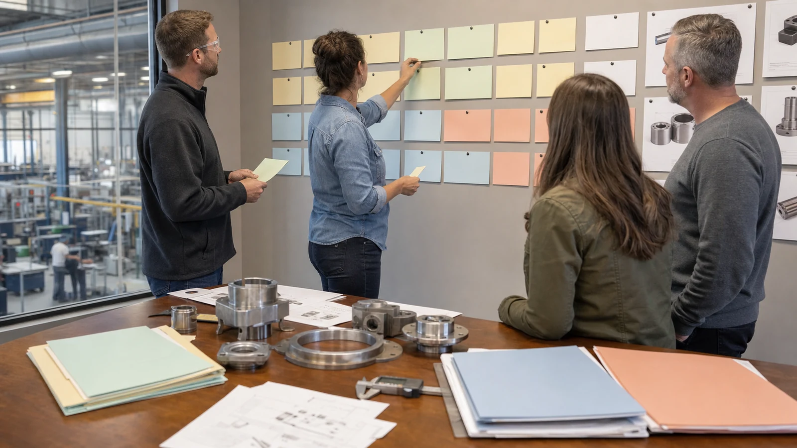 American manufacturing team organizing recurring buyer questions beside industrial component samples