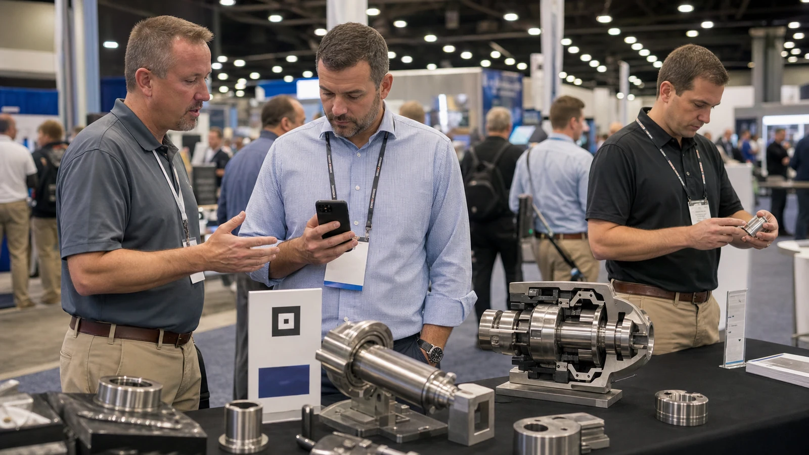 American industrial trade show buyer using a phone while a manufacturing sales engineer provides a human handoff