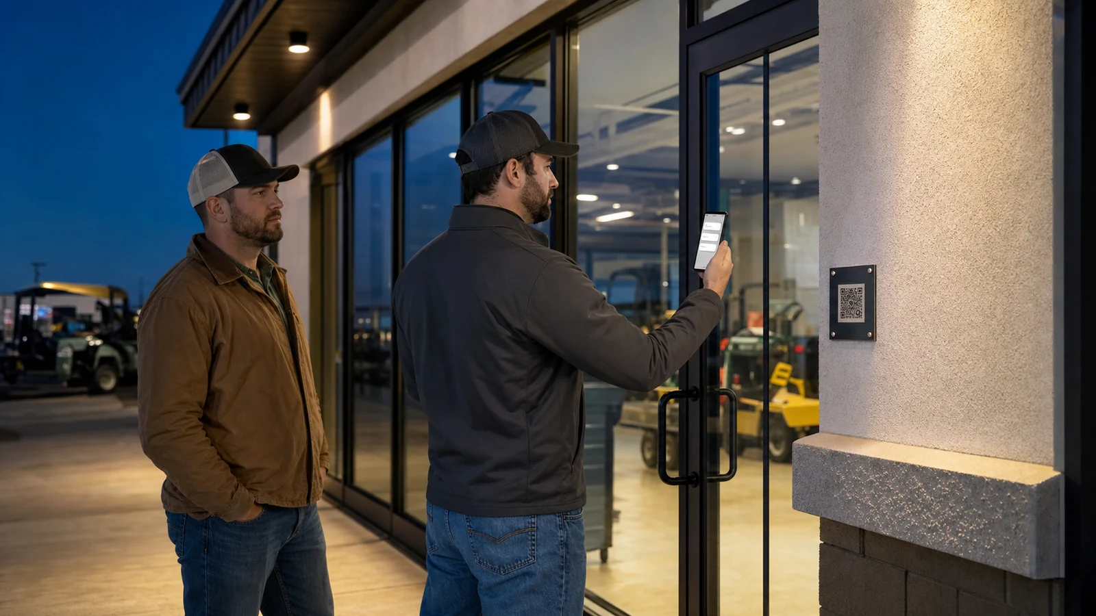 Two adult customers using a QR help sign outside a closed Texas equipment-service storefront at dusk