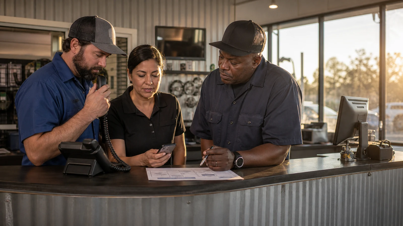 Three Texas equipment-service staff members planning how phone and mobile enquiries should be handled after closing