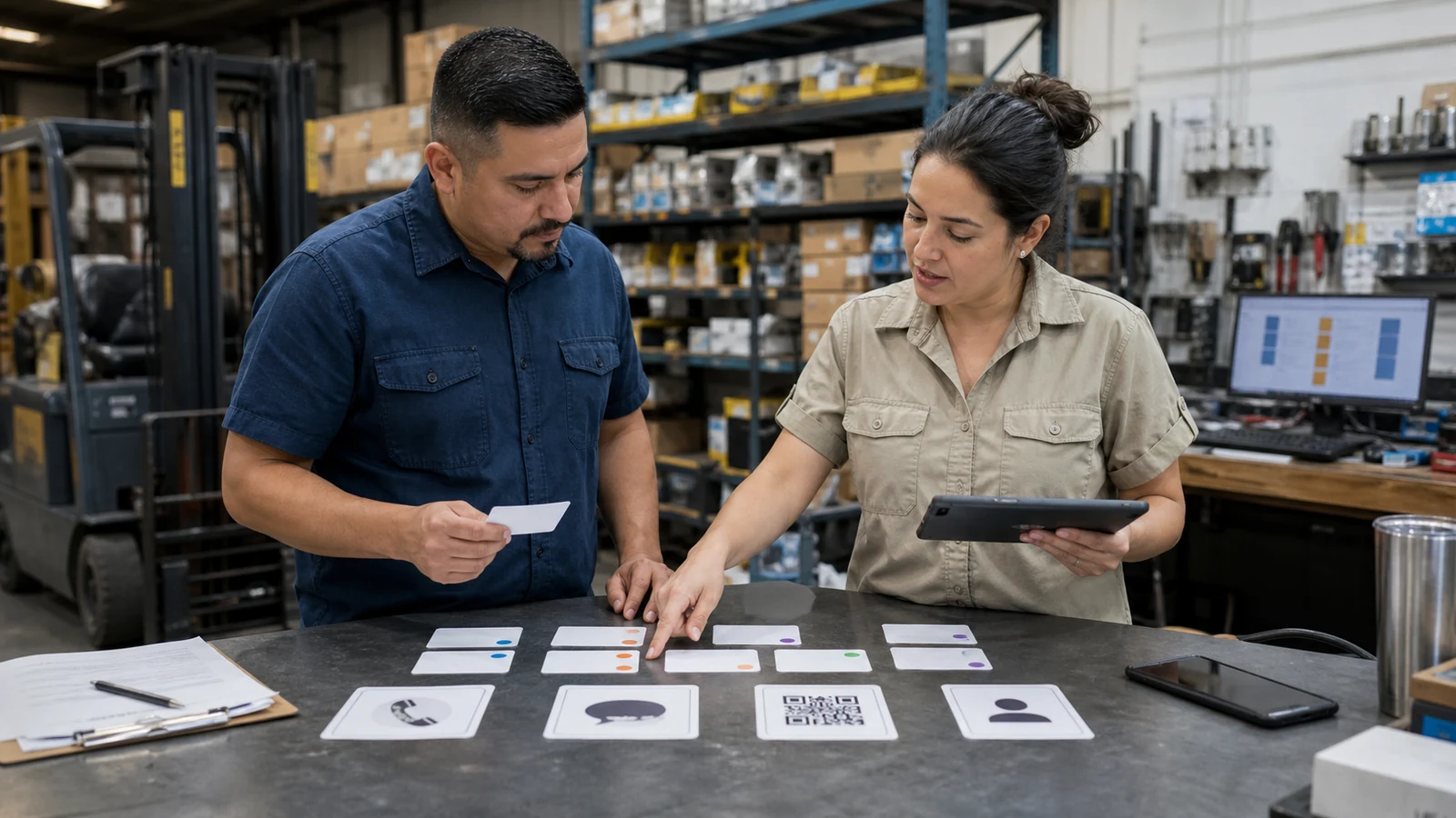 Two Texas wholesale-service employees mapping customer questions to phone, text, QR self-service, and human follow-up