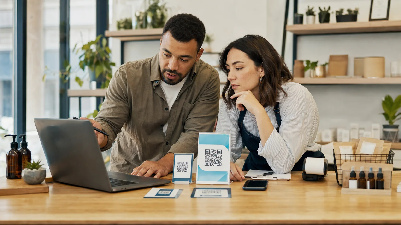 Kleines Unternehmen vergleicht Website-Chat auf einem Laptop mit QR-Kundenservice-Schildern und gedruckten Karten auf einem Tresen